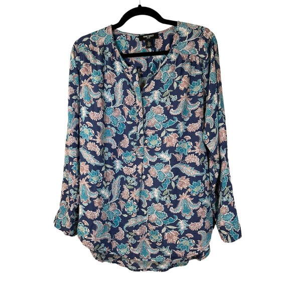 Nine West Jeans Floral Flowy Semi Sheer Peasant Top Women's Large - Picture 1 of 6